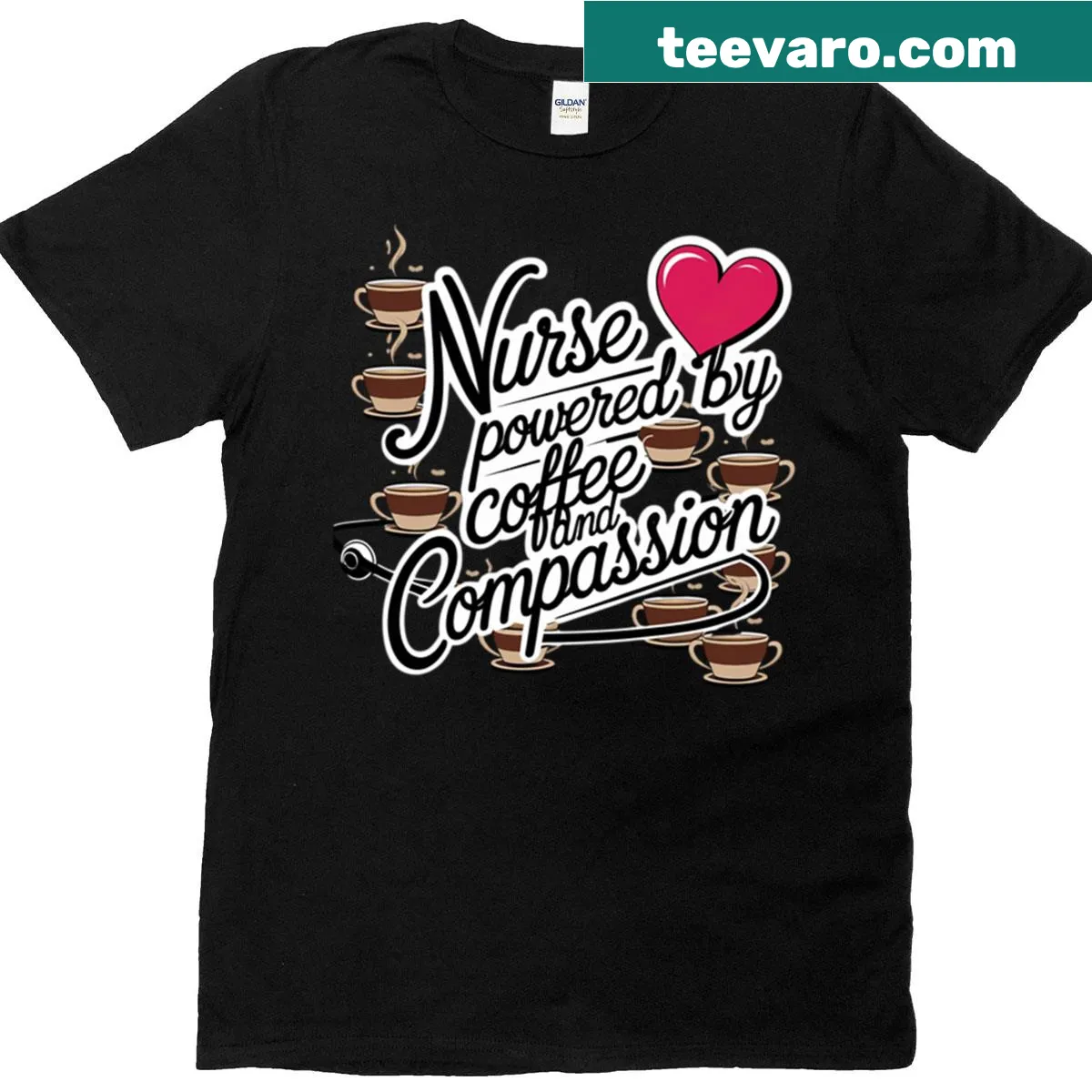 Oversized t-shirt with the text Powered By Coffee And Compassion for nurses — on a men's t-shirt