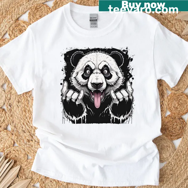 Illustrated playful panda designs on a T-shirt.