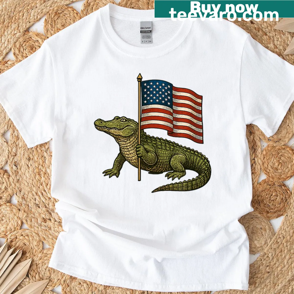 Cartoon alligator wearing the American flag graphic t-shirt — on a men's t-shirt