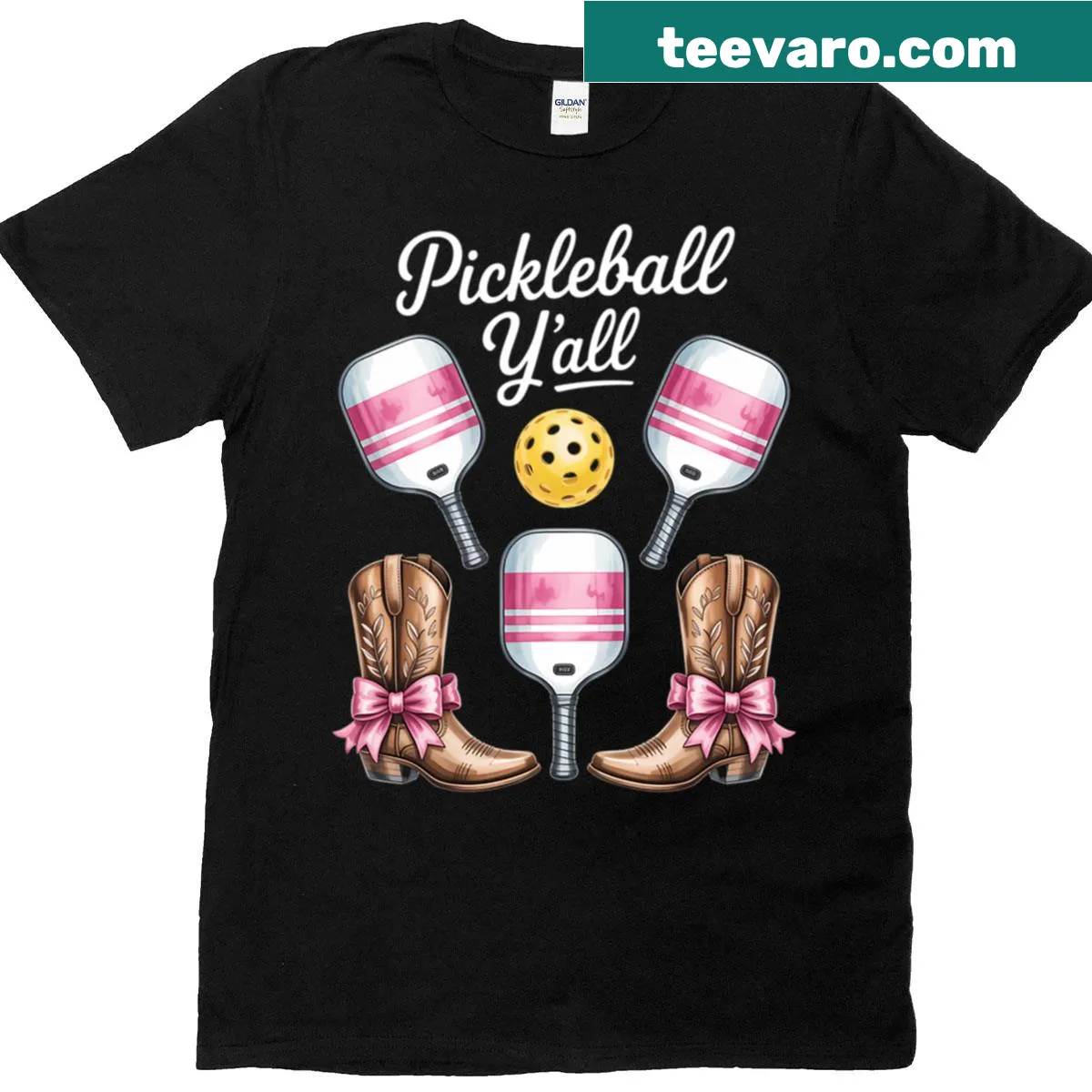 Funny T-shirt with a cowgirl holding a pickleball paddle — on a men's t-shirt