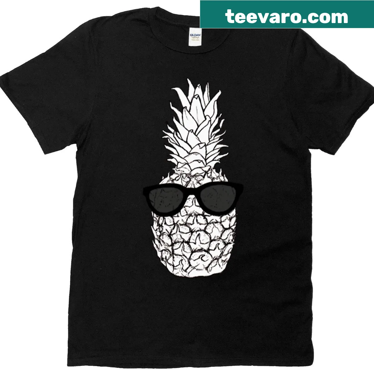 Ink drawing of a pineapple wearing sunglasses — on a men's t-shirt
