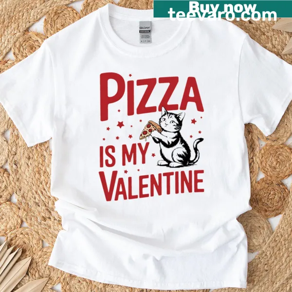 Retro-style t-shirt with cat meme and pizza graphic