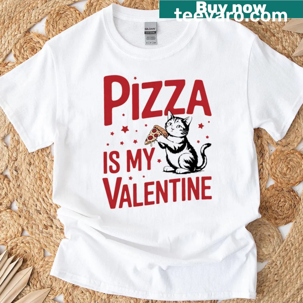 Retro-style t-shirt with cat meme and pizza graphic — on a men's t-shirt
