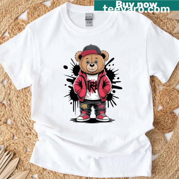 Cartoon graphic of a hip-hop teddy bear in streetwear dancing