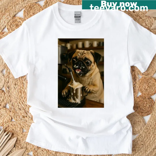 Illustration of a pug barista on a T-shirt