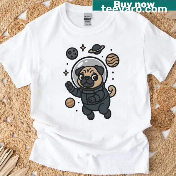 Illustration of a pug in a spacesuit floating in space