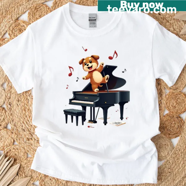 Illustration of a dog playing piano, surrounded by musical notes