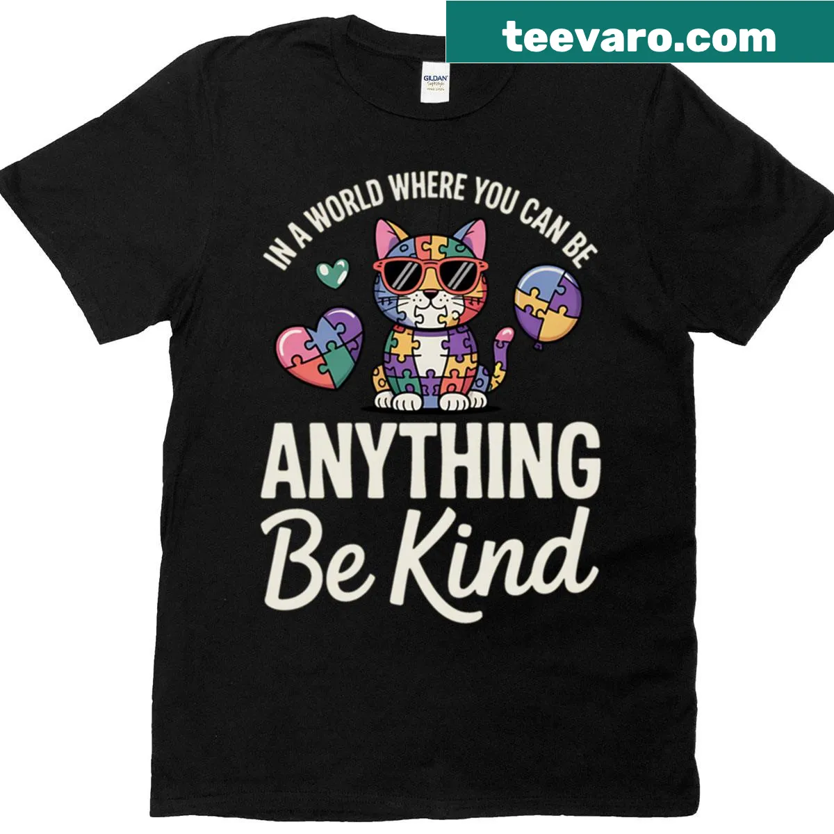 Cat-themed t-shirt featuring a puzzle piece design and kindness message — on a men's t-shirt