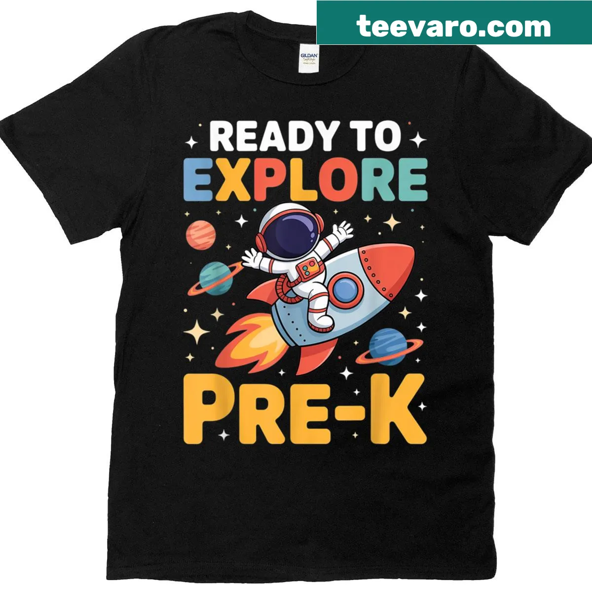 First day of pre-k astronaut-themed boys t-shirt — on a men's t-shirt