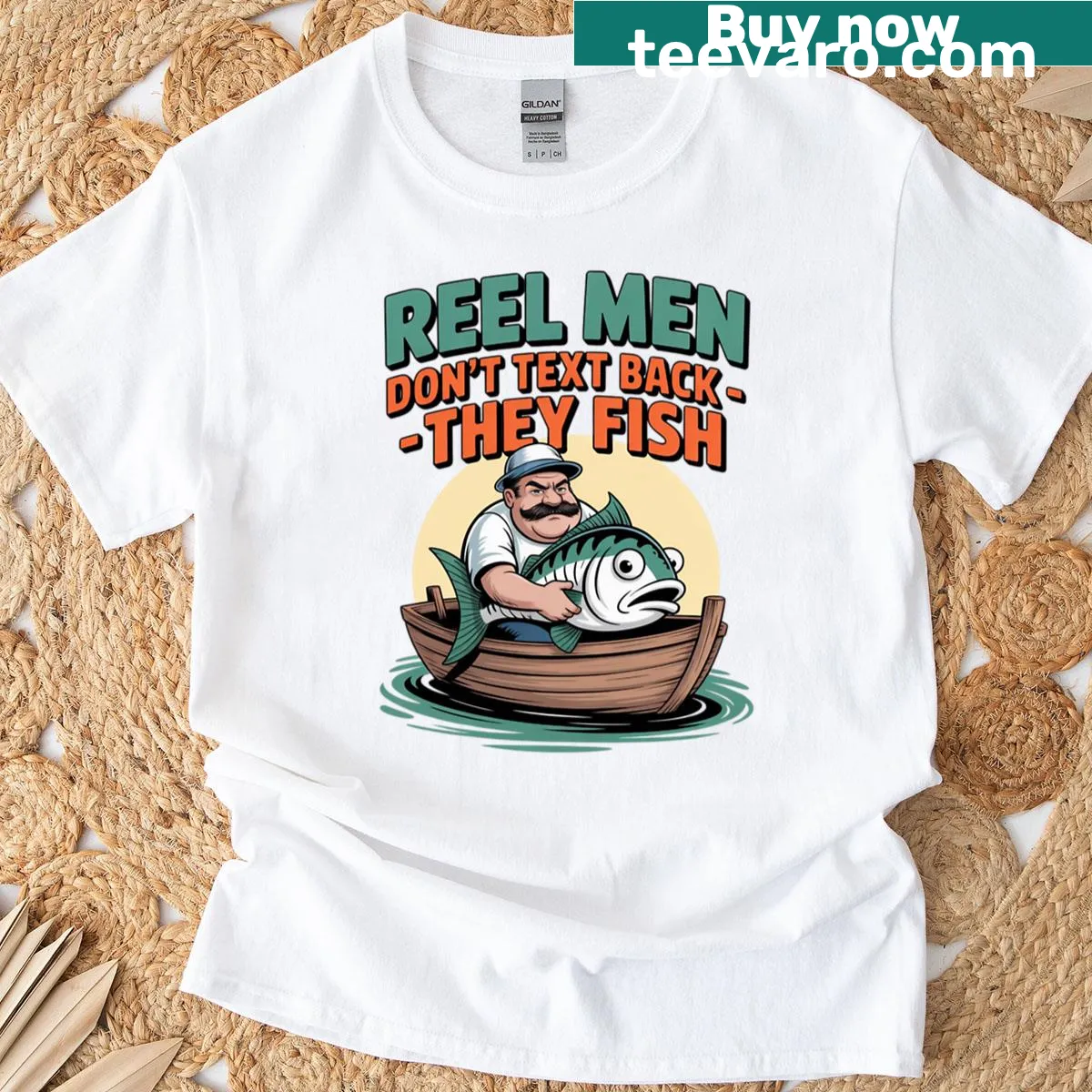 Funny fishing-themed t-shirt with bold text about not texting back — on a men's t-shirt