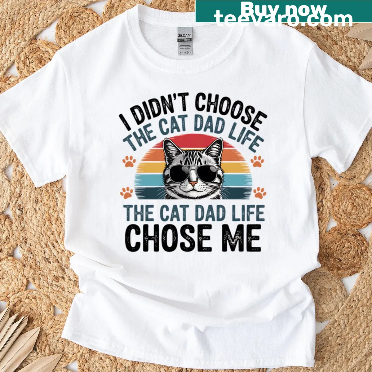 Retro-style T-shirt celebrating cat dads with the text 'Cat Dad Life Chose Me' — on a men's t-shirt