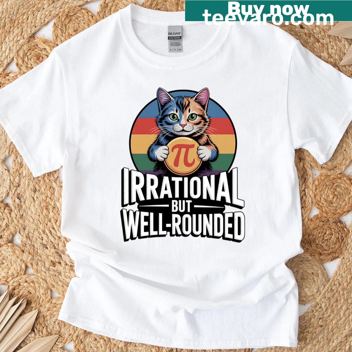 Retro math-themed design with cat graphic on T-shirt — on a men's t-shirt
