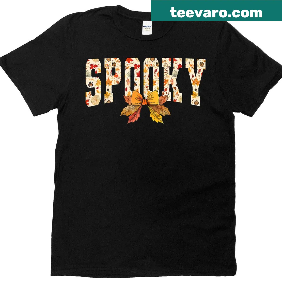 Retro autumn-themed T-shirt with pumpkins and leaves design. — on a men's t-shirt