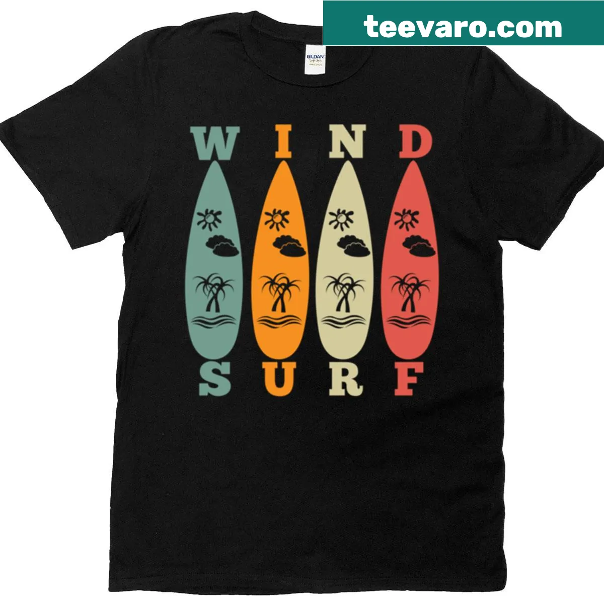 Retro windsurfing design featuring surfboards and a sunrise. — on a men's t-shirt
