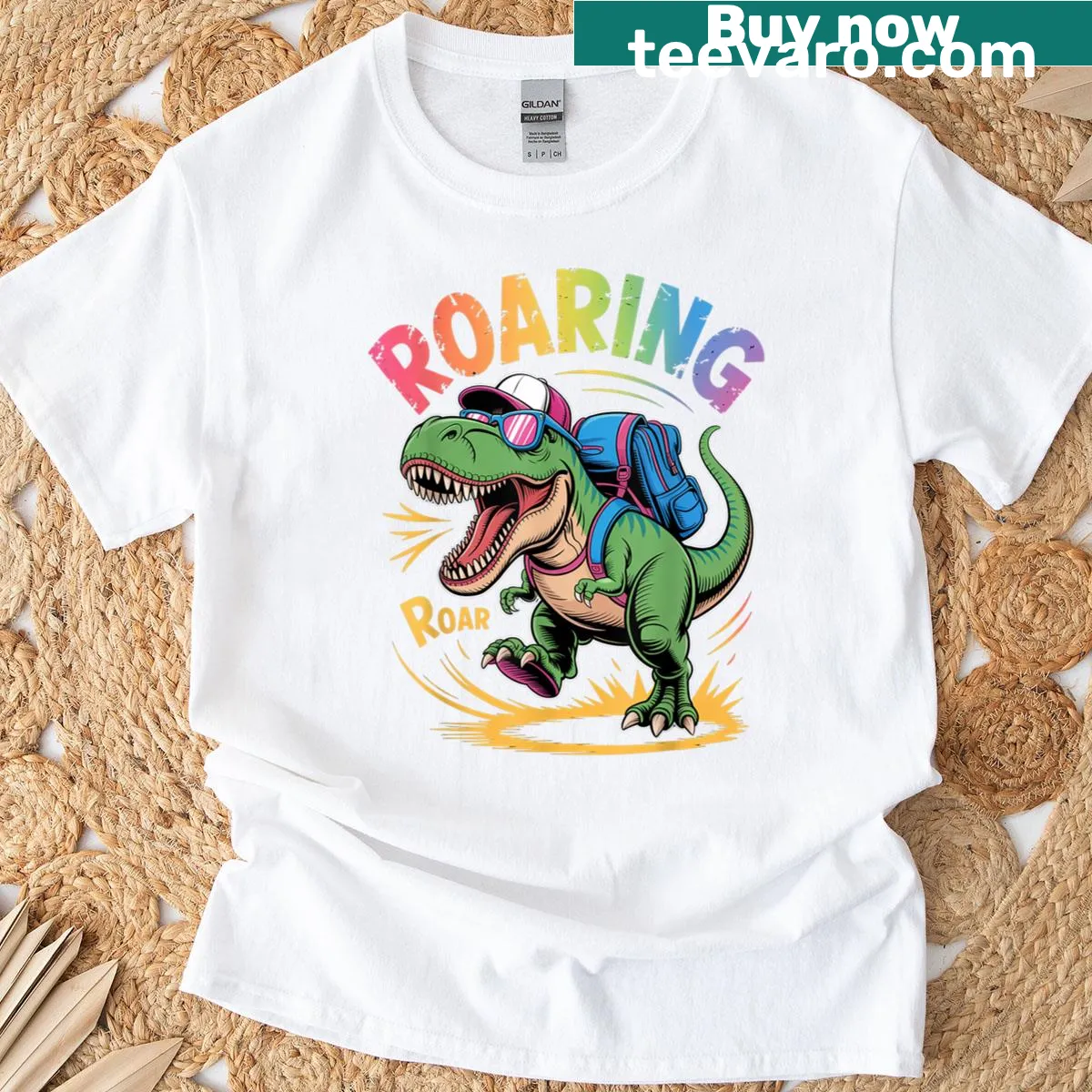 Illustration of a friendly T-rex for kindergarten adventure t-shirt — on a men's t-shirt