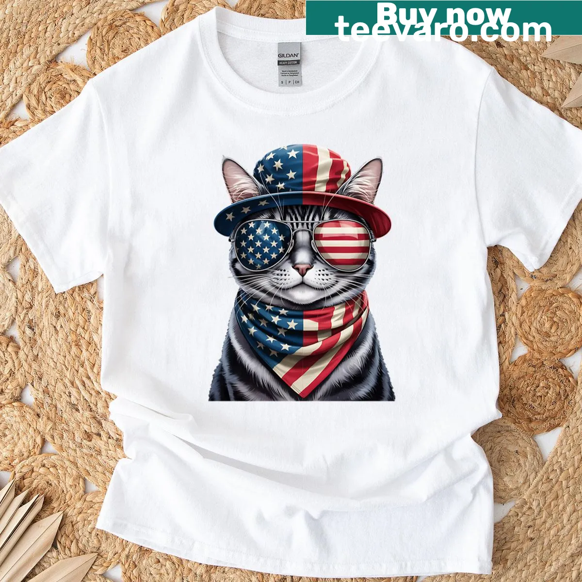 Patriotic t-shirt featuring a Russian Blue cat for Independence Day — on a men's t-shirt