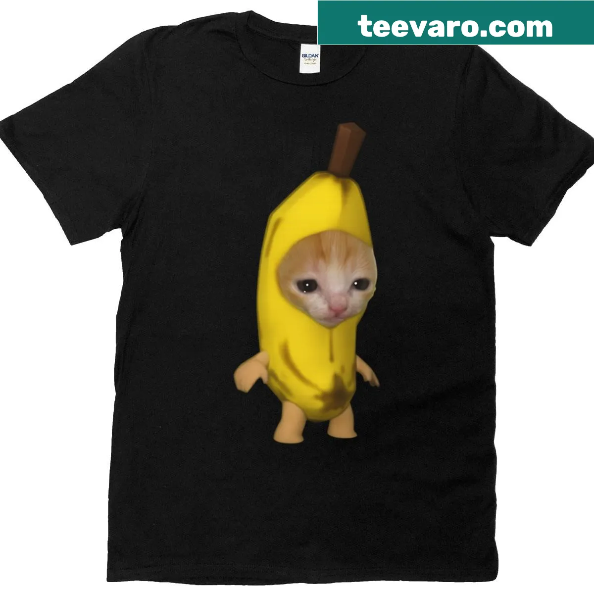 Cartoon cat with sad expression next to a banana graphic — on a men's t-shirt