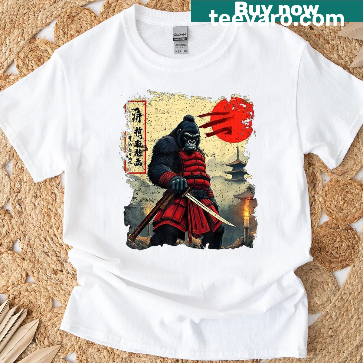 Funny t-shirt featuring a Samurai Bigfoot in vintage Ukiyo-e style — on a men's t-shirt