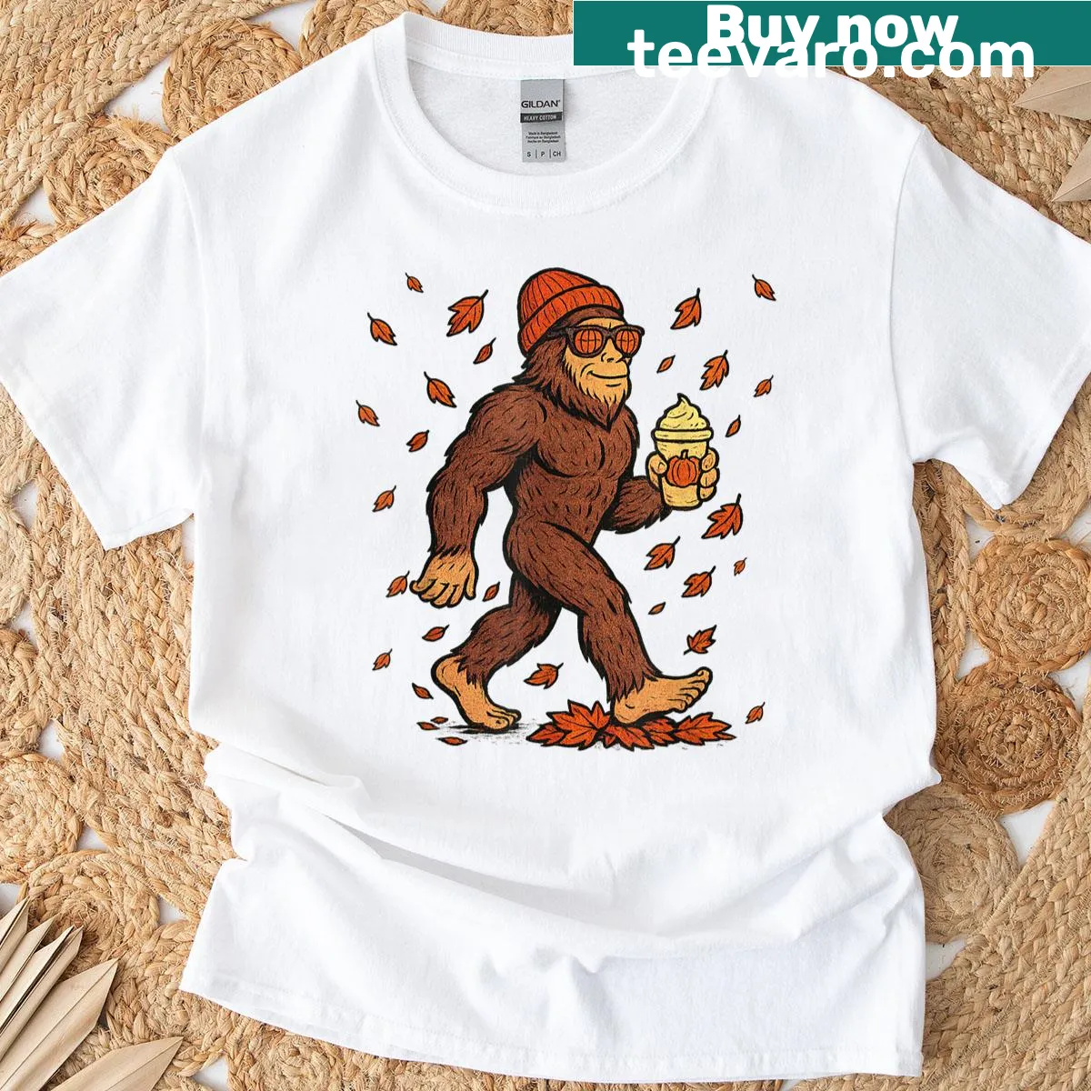 Funny Sasquatch t-shirt featuring autumn leaves and pumpkin spice — on a men's t-shirt