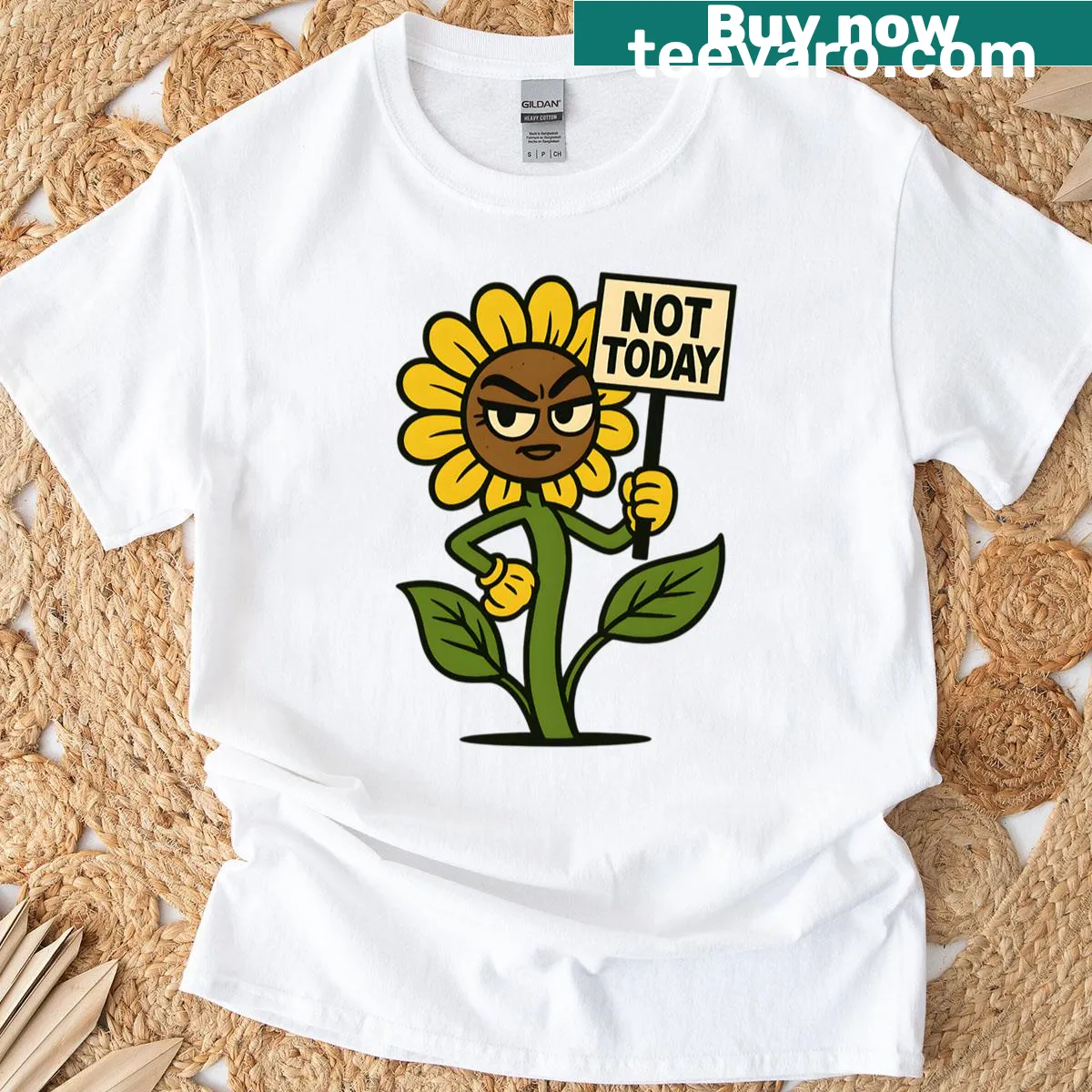 Illustration of a sassy sunflower holding a Not Today sign — on a men's t-shirt