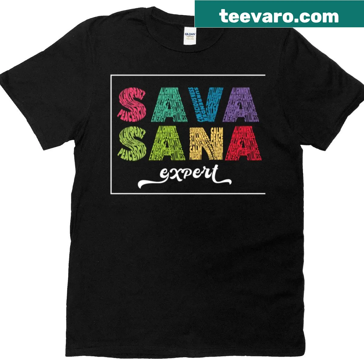 Word cloud design celebrating Savasana in yoga — on a men's t-shirt