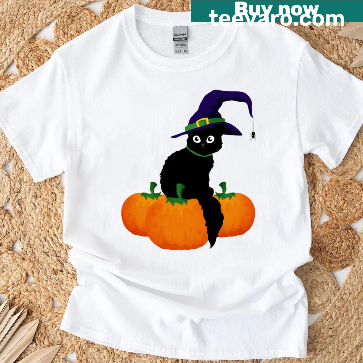 Halloween t-shirt featuring a funny black cat and pumpkin design — on a men's t-shirt