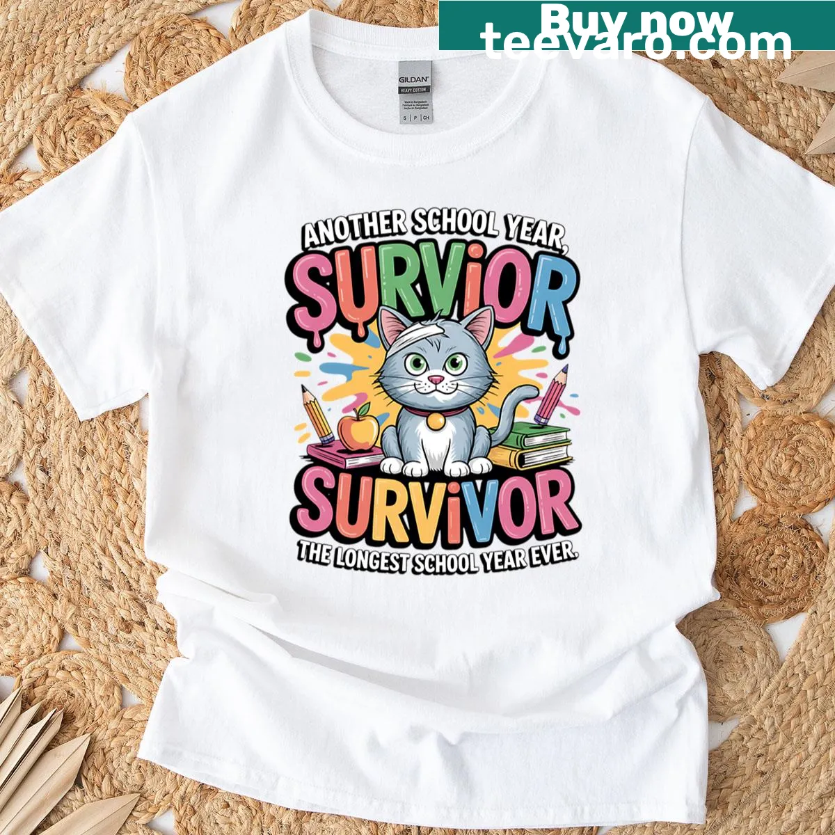 Funny cat t-shirt celebrating the last day of class — on a men's t-shirt