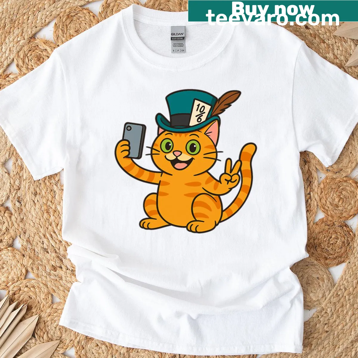 Cartoon cat in Mad Hatter's hat taking a selfie. — on a men's t-shirt