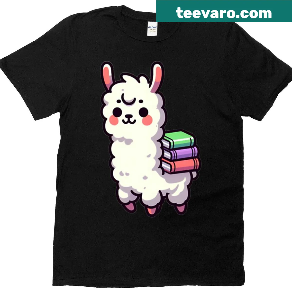 Cartoon llama with books design for kids' back-to-school T-shirt — on a men's t-shirt