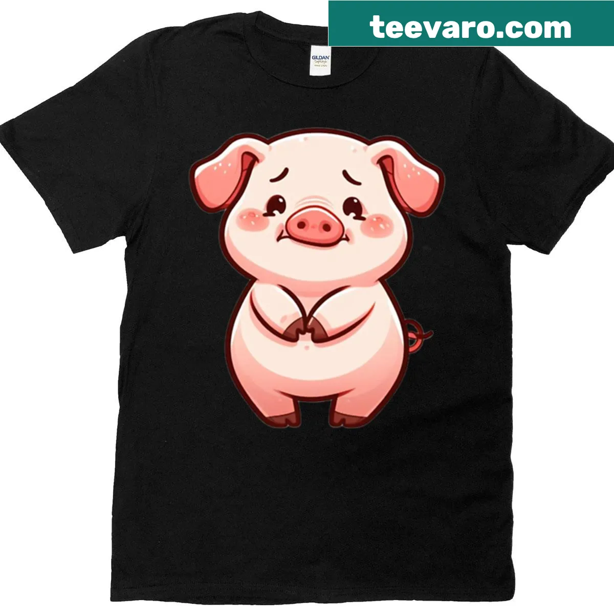Cartoon shy pig blushing graphic on oversized T-shirt — on a men's t-shirt
