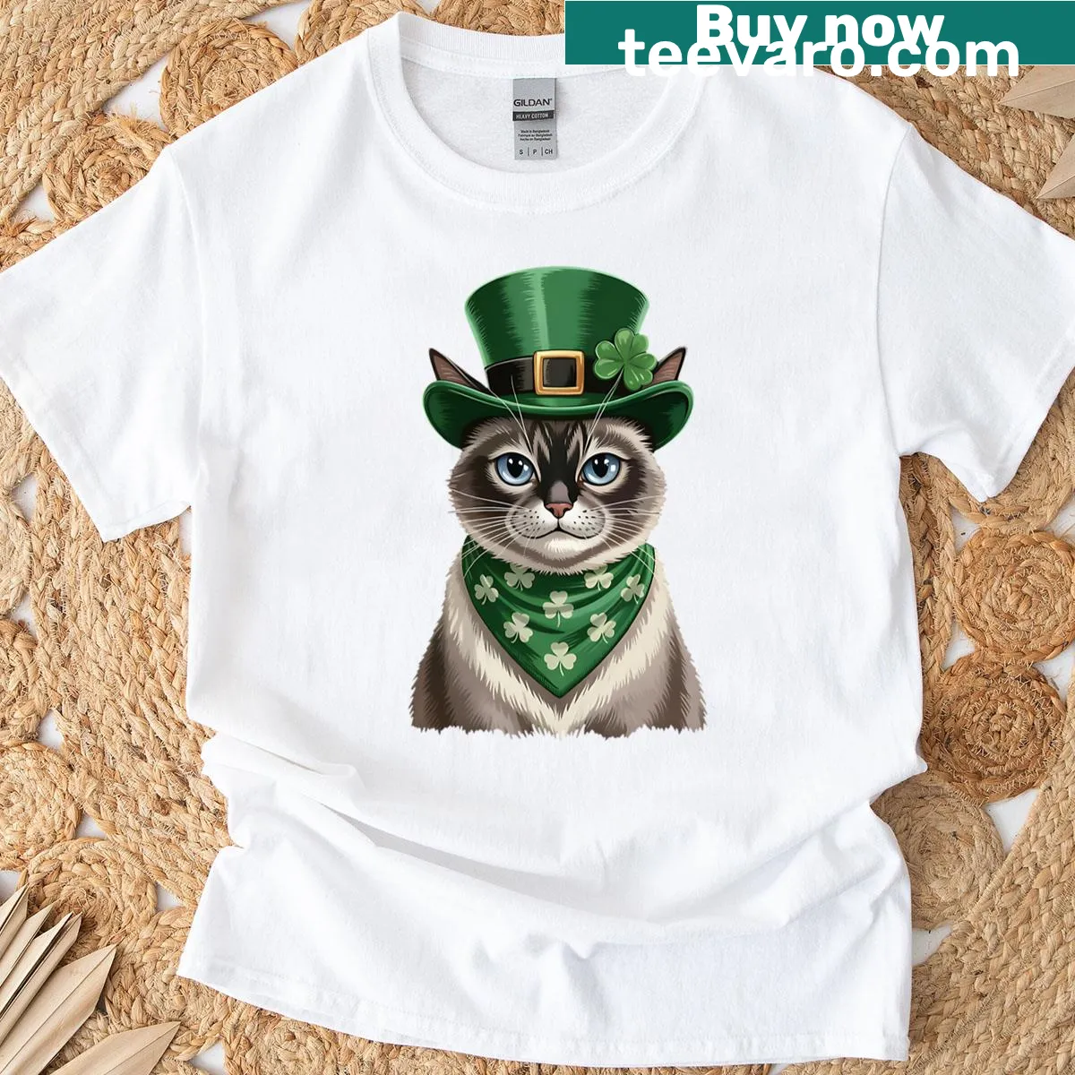 Cute St. Patrick's Day t-shirt featuring a Siamese cat — on a men's t-shirt
