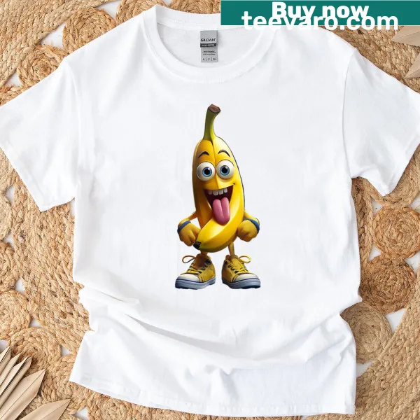 Funny oversized t-shirt with cartoon banana wearing sneakers