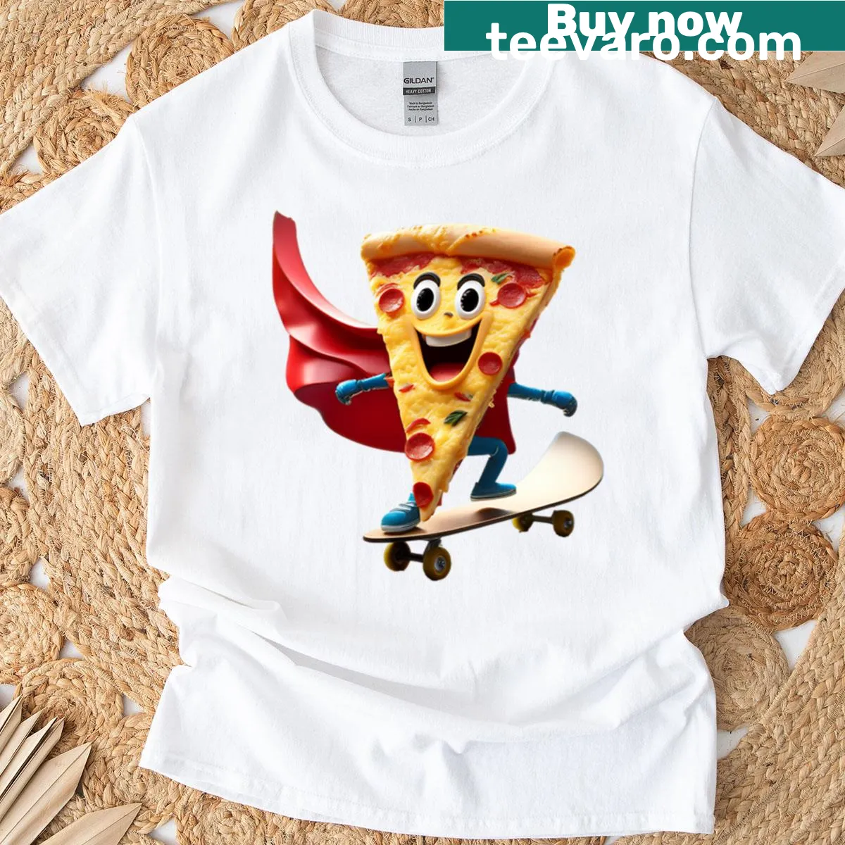 Cartoon pizza slice skating on a skateboard for kids t-shirt — on a men's t-shirt