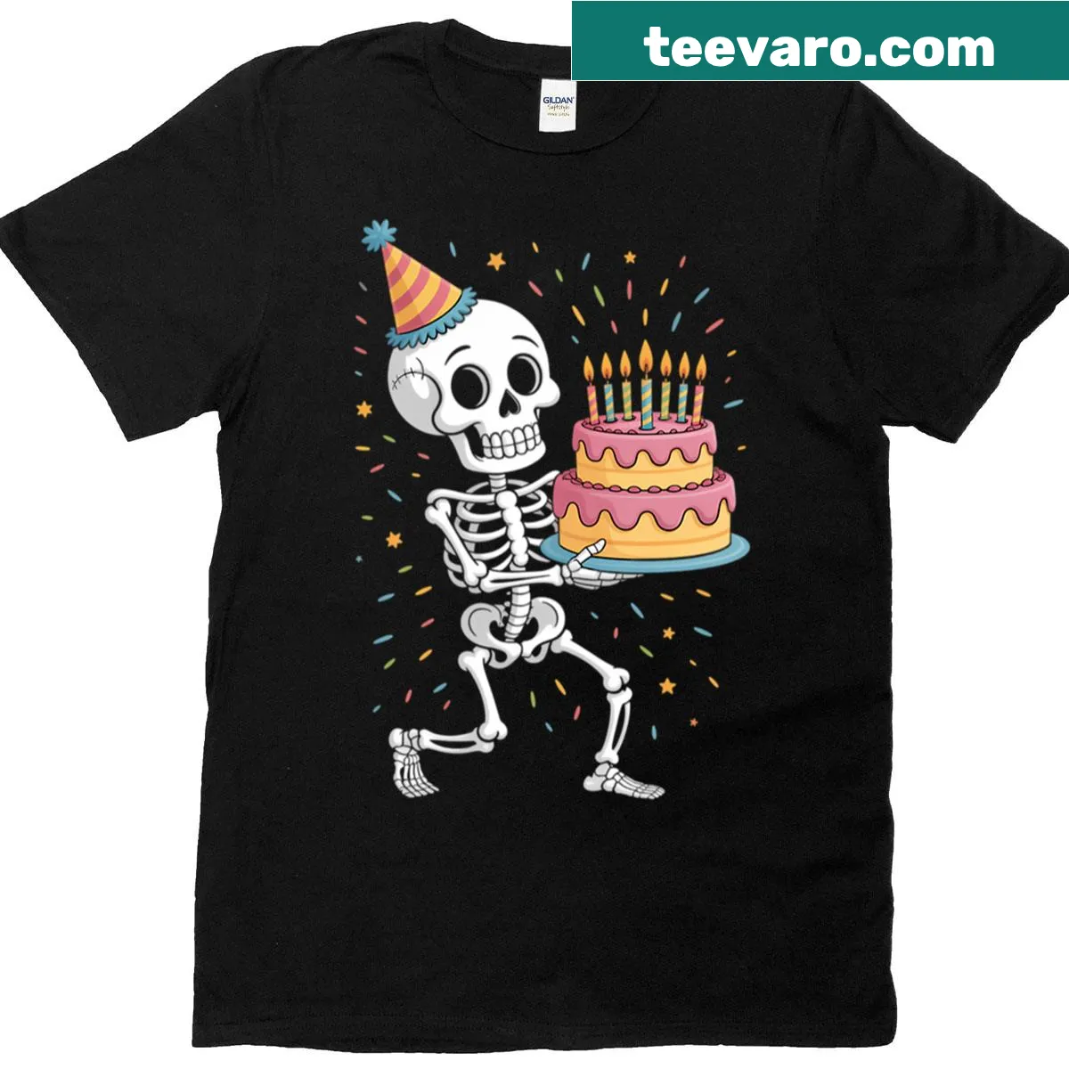 Funny skeleton birthday party design on a t-shirt — on a men's t-shirt