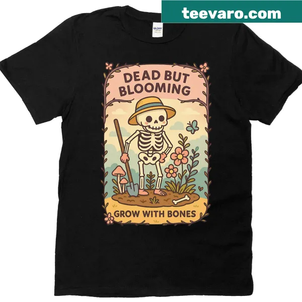 Cartoon skeleton gardening design on a T-shirt