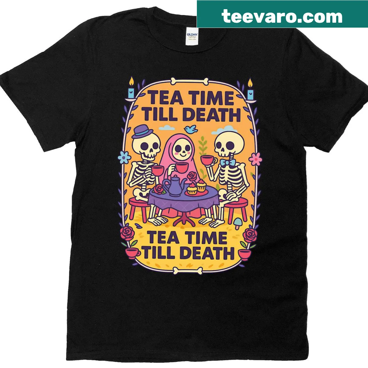 Cartoon skeleton tea party design on a t-shirt — on a men's t-shirt
