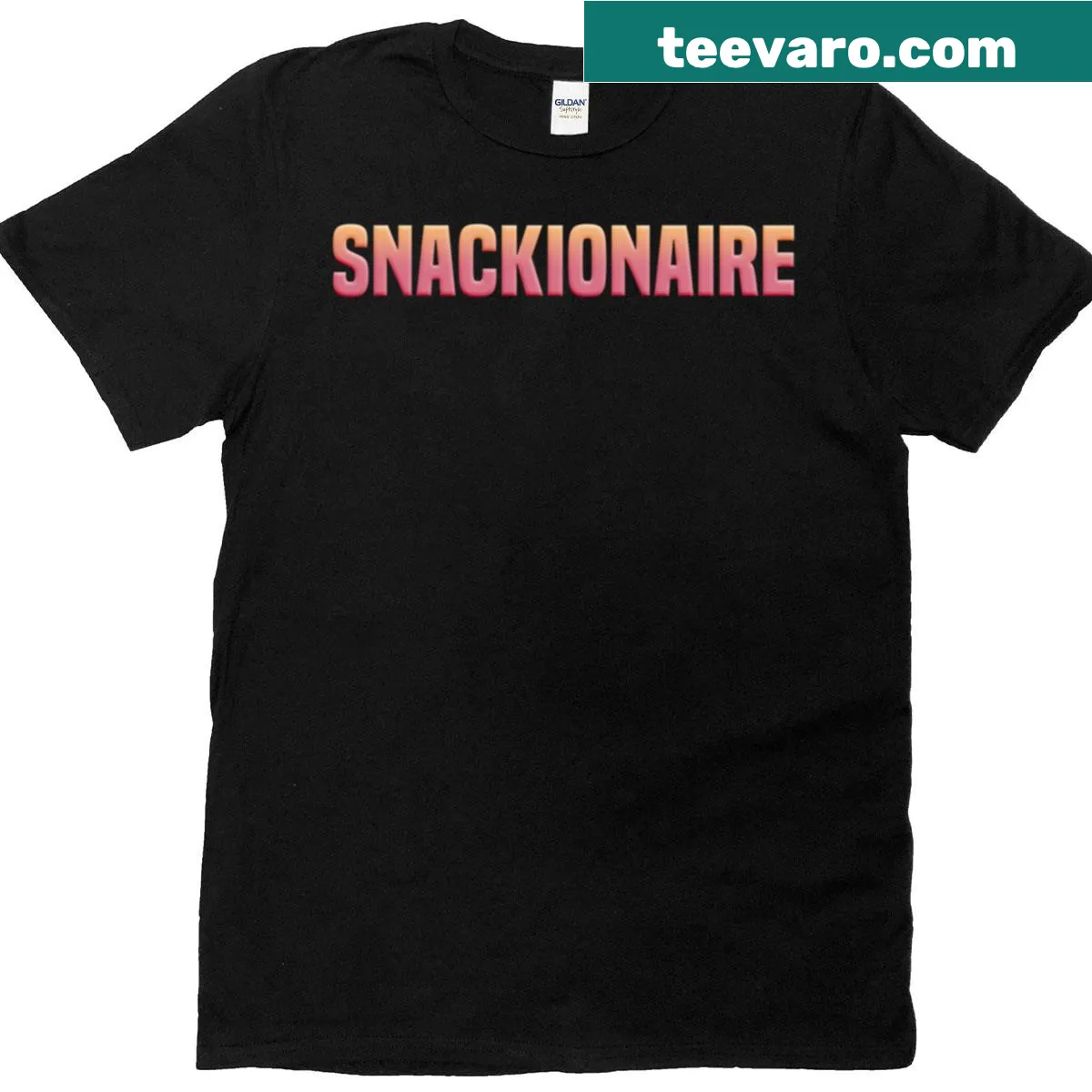 Typography T-shirt with playful 'Snackionaire' text design — on a men's t-shirt