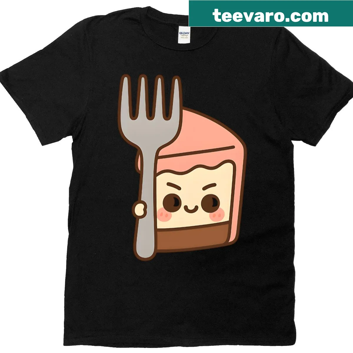 Illustrated slice of cake peeking behind a fork on a t-shirt — on a men's t-shirt