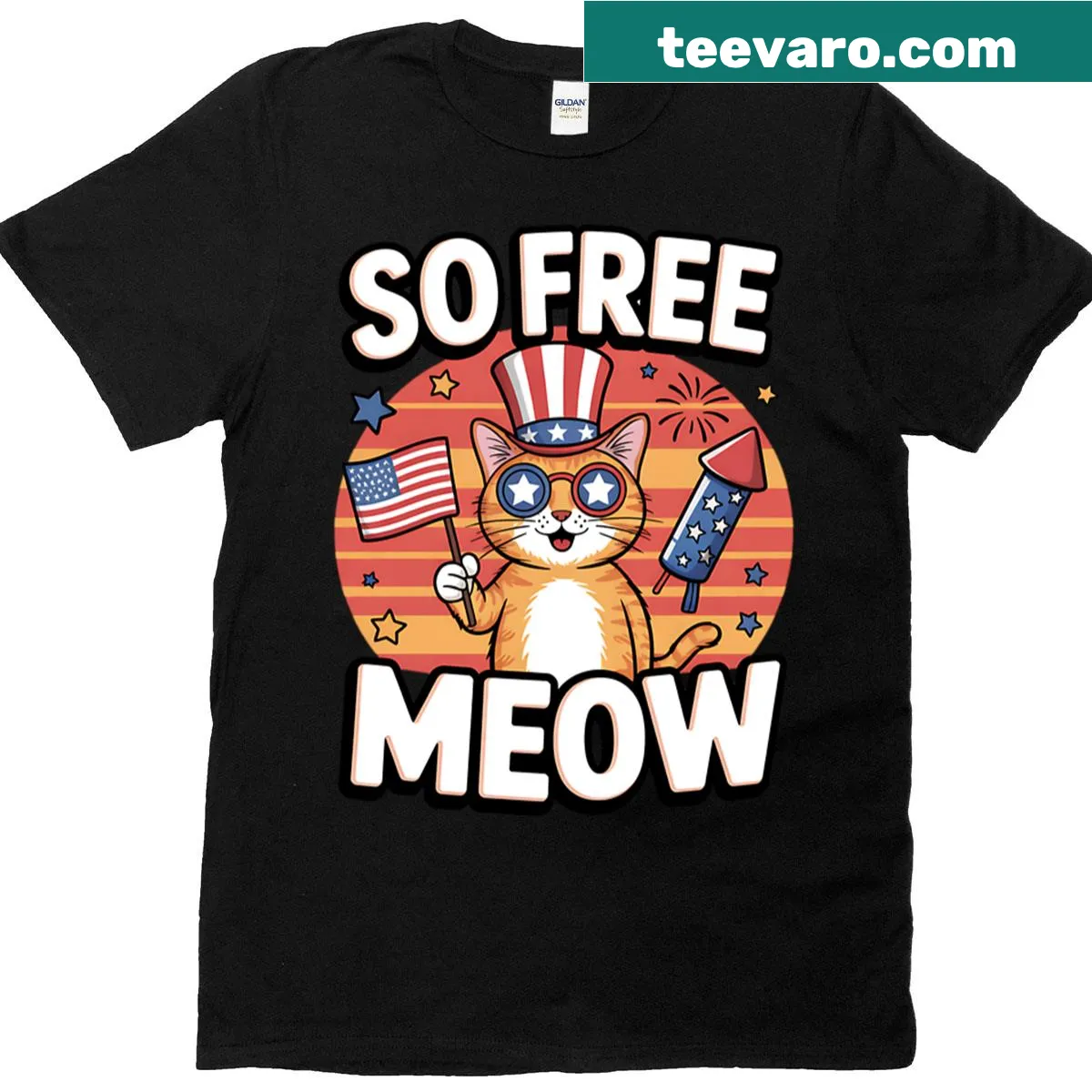 Funny t-shirt with a cat and fireworks saying So Free Right Meow — on a men's t-shirt