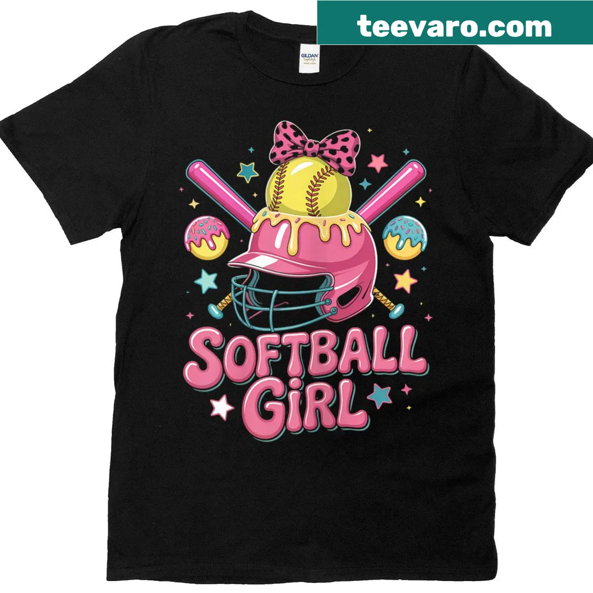 Cartoon softball helmet with ice cream and sprinkles design. — on a men's t-shirt