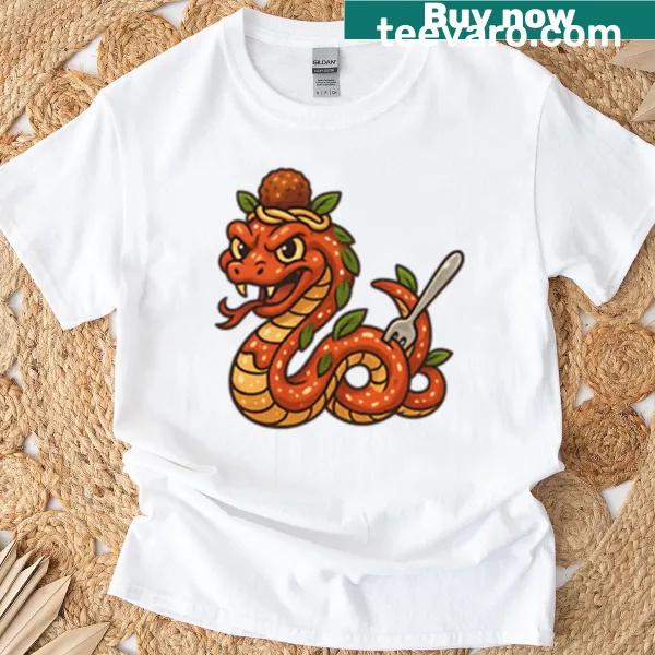 Whimsical spaghetti snake design on T-shirt