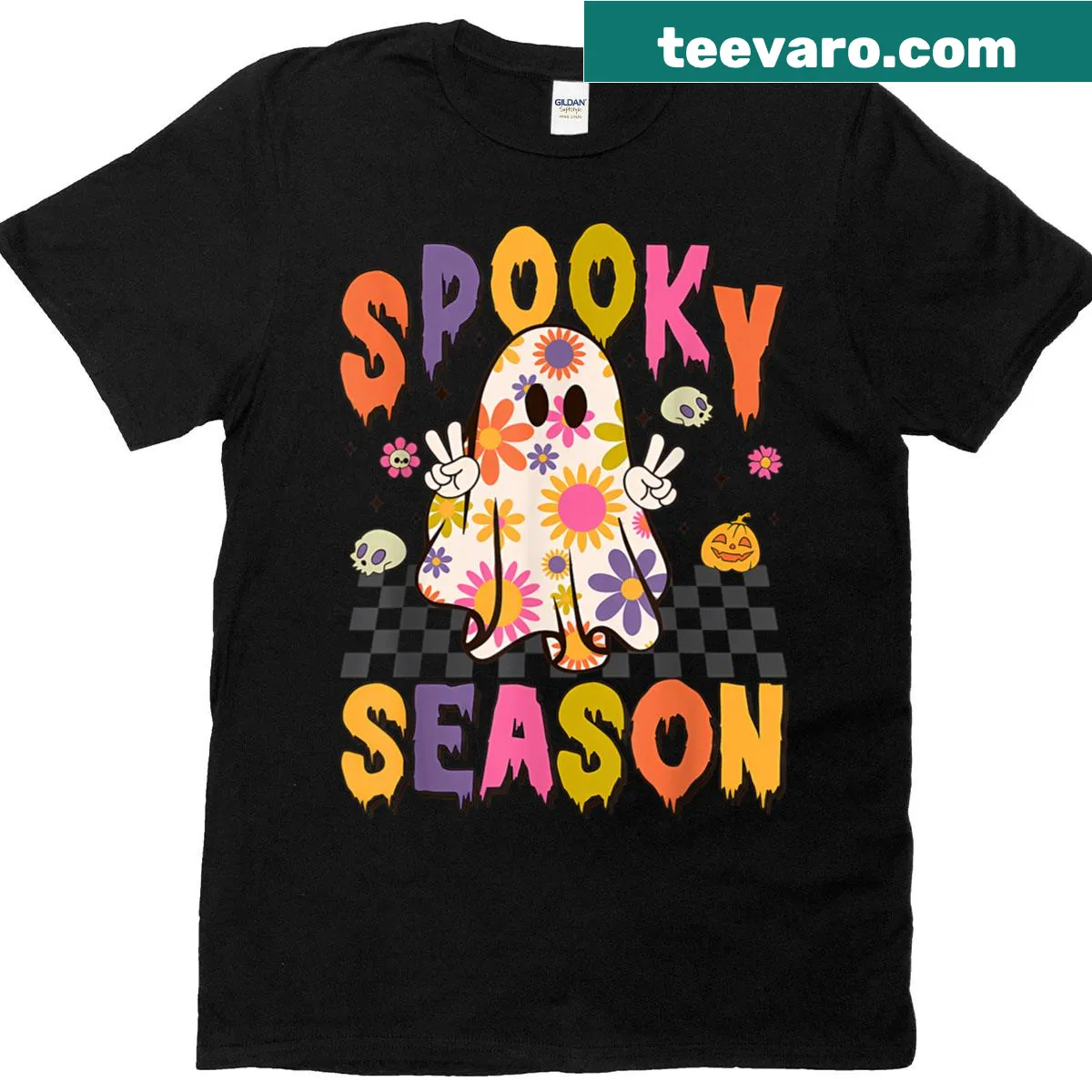 Playful flower ghost design on a Halloween kids t-shirt — on a men's t-shirt