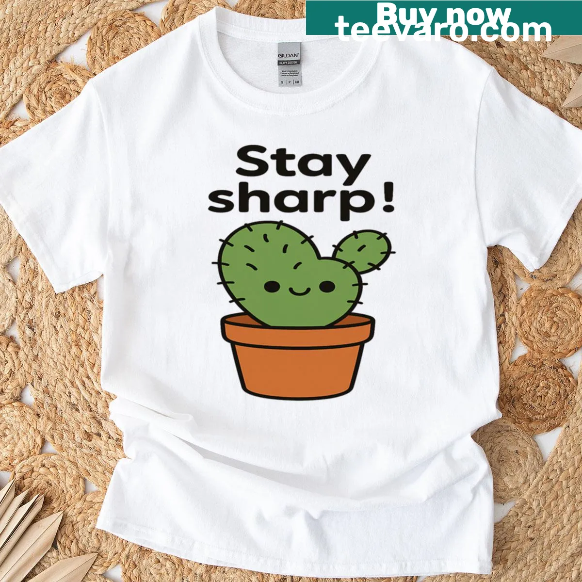 Cute smiling cactus in pot t-shirt with playful text — on a men's t-shirt