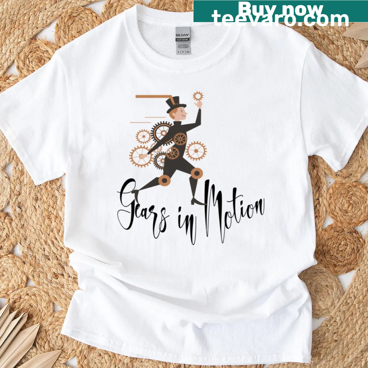 Steampunk T-shirt with detailed illustrations of gears in motion — on a men's t-shirt