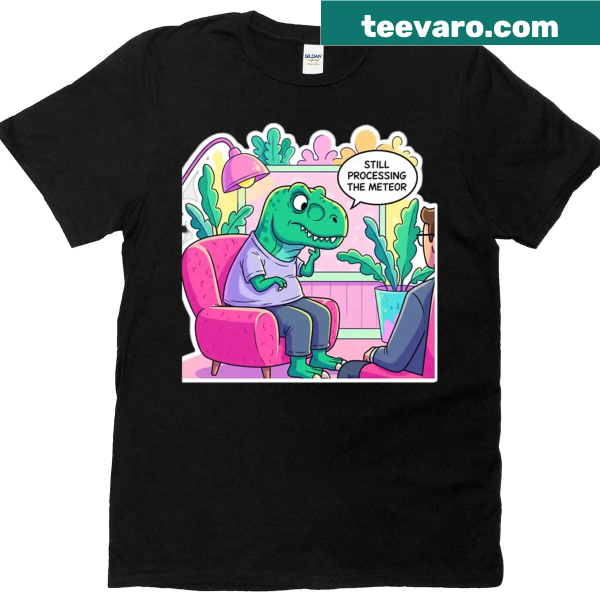 Oversized T-shirt with humorous text about processing — on a men's t-shirt