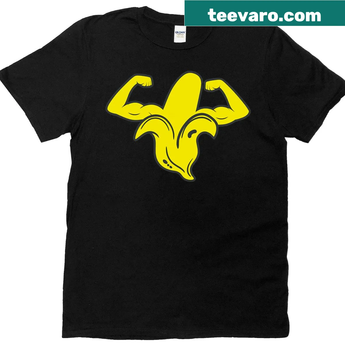 Funny T-shirt featuring a flexing banana for fitness enthusiasts — on a men's t-shirt