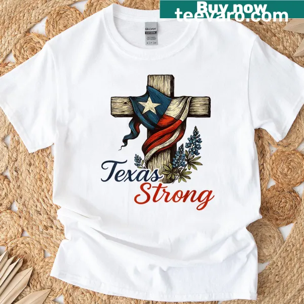 Texas flag and Christian cross graphic T-shirt.