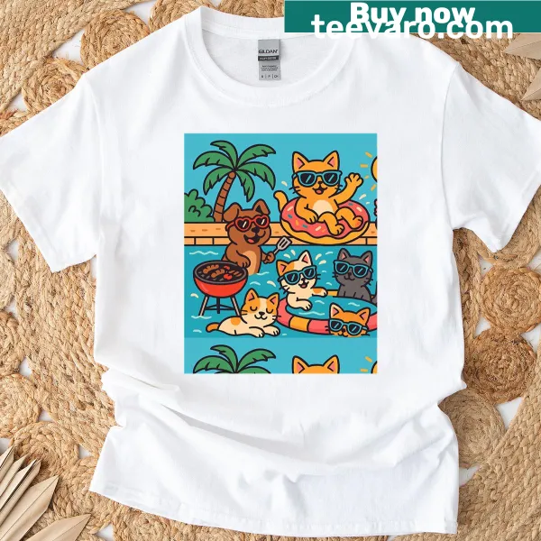 Cute summer t-shirt featuring dogs and cats at a pool party