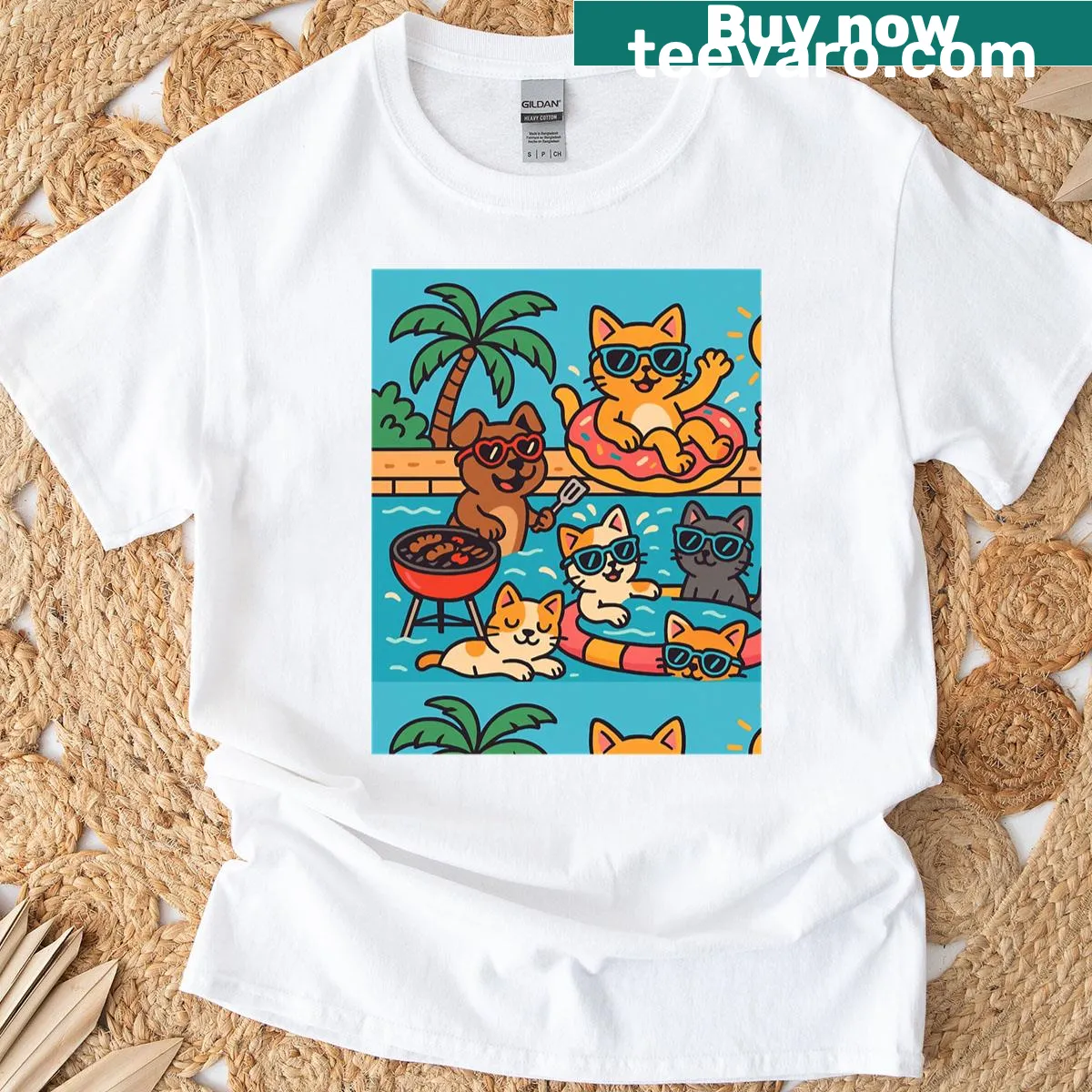 Cute summer t-shirt featuring dogs and cats at a pool party — on a men's t-shirt