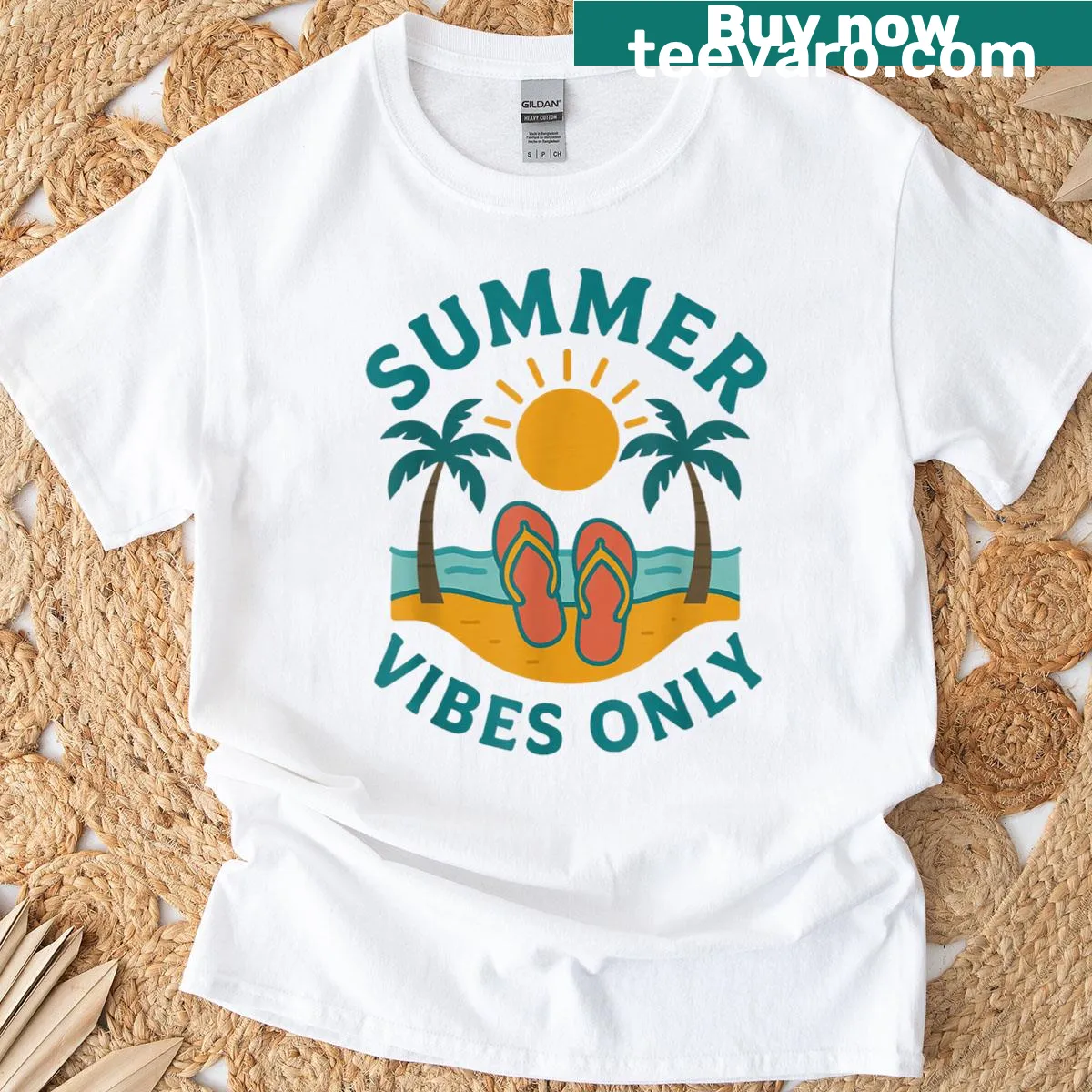Retro beach T-shirt with 'Summer Vibes Only' text. — on a men's t-shirt